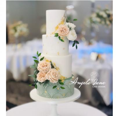 White & sage green wedding cake