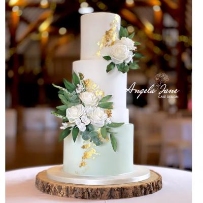sage green, white and gold wedding cake